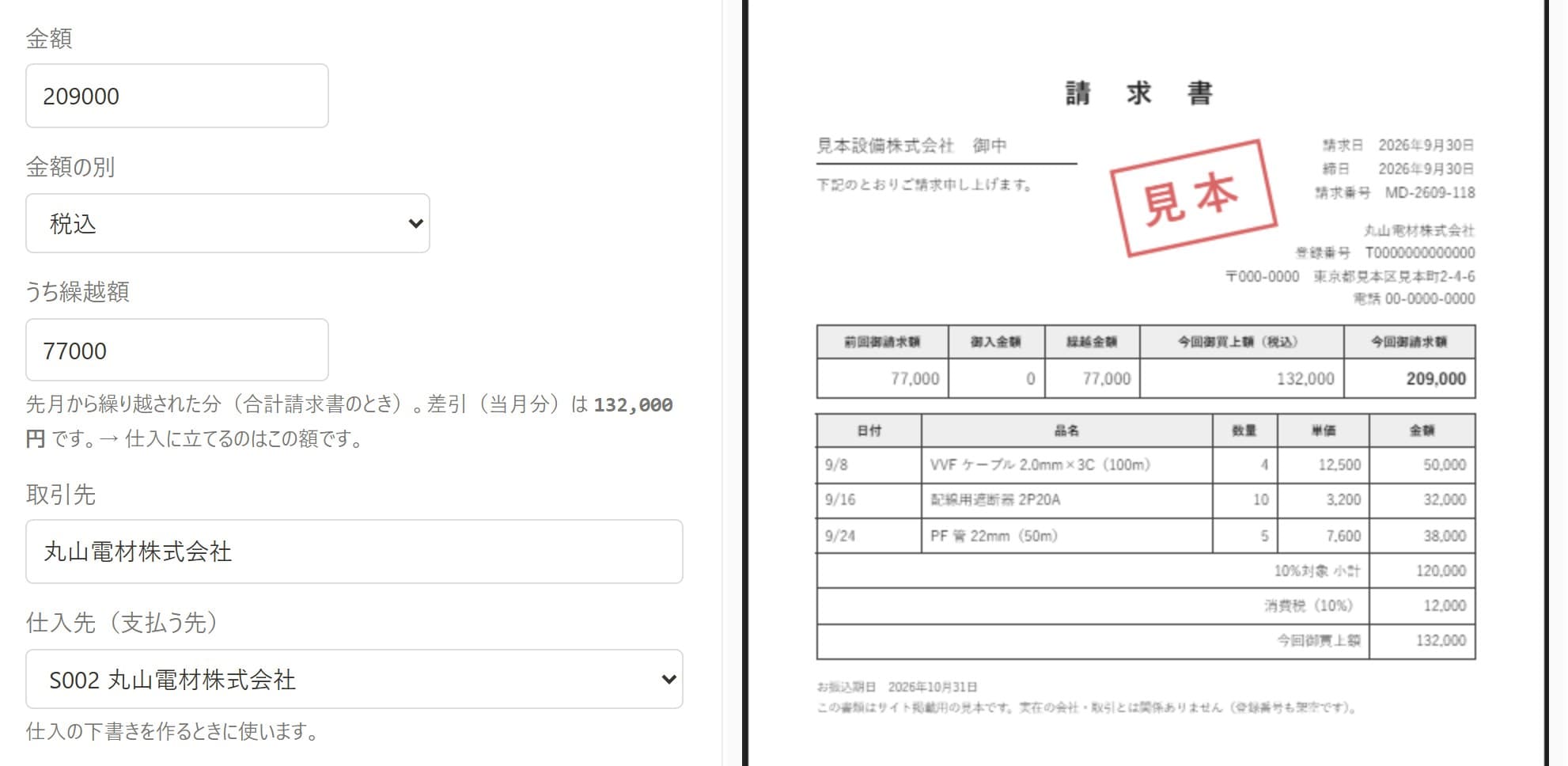 受信箱の書類の画面。左に金額209,000円・うち繰越額77,000円と差引の当月分132,000円、右に取り込んだ締め請求書の現物(繰越金額77,000円・今回御請求額209,000円の欄)が並んでいる